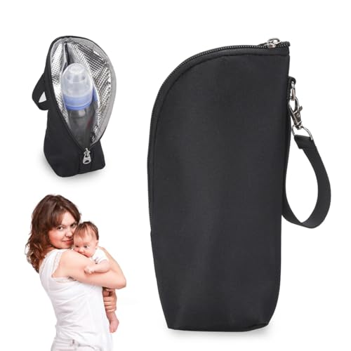 VAEIORP Bolsa Térmica Bebé Portátil, Universal, Bolsa Isotérmica para Biberones, Portabiberones, Funda Isotérmica para Biberón, Bolsa Térmica Walking Mum y Termo Biberón Bebé con Cordón (Negro)