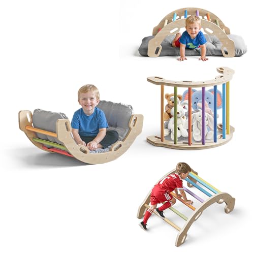 Image of COSYLAND Kids Climbing Arch Rocker with Cushion - Solid Wood Toddler Climbing Toys Indoor with Handrails on Each Side - Scentless Indoor Playground Arch Climbing Ladder (Rainbow)