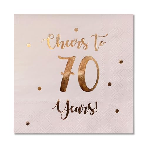 Cheers to 70 Years Cocktail Napkins | Happy 70th Birthday Decorations for Men and Women and Wedding Anniversary Party Decorations | 50-Pack 3-Ply Napkins | 5 x 5 inch folded (Pink)
