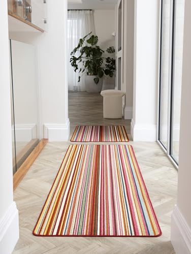 Image of Lord of Rugs Washable Runner Rug for Entryway, Home Entrance, Kitchen, Hallway Doorway Vibrant Multi Colourful Non-Slip Durable Stain Resistant Hall Rug Striped Multi Bright, 50 x 75 cm