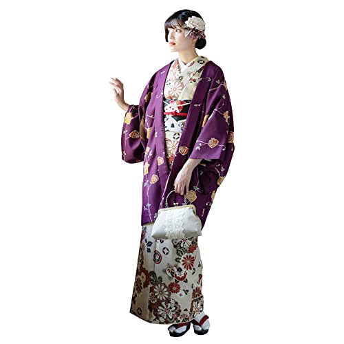 小紋 着物 袷 金彩加工 桜 縞 グリーン 裄66.5 L 新古品 sn377