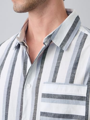 Image of The Souled Store Cotton Linen Stripes: Ashen Men and Boys Long Sleeve Spread Collar Button Front Green Striped Regular Fit Easy to Dress Officewear Casual Cotton Linen Shirts
