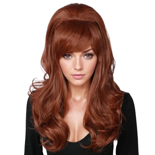 Linfairy Long Wavy Auburn Copper Wig Big Bouffant Beehive Wigs for Women fits 50s 80s Costume (Auburn Copper)
