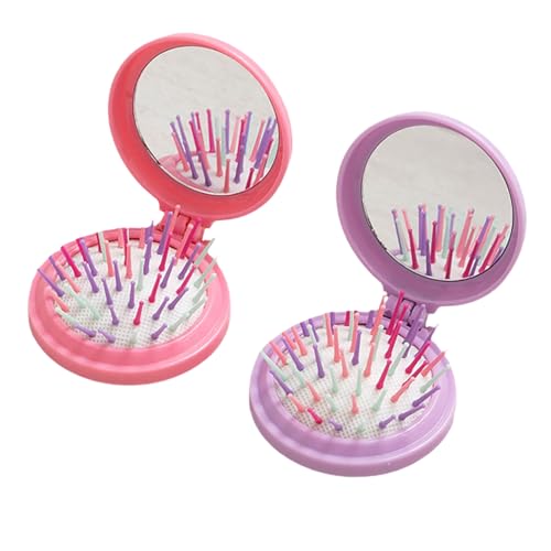 Brosse à cheveux compacte pliable avec miroir rose pour adolescente - 4