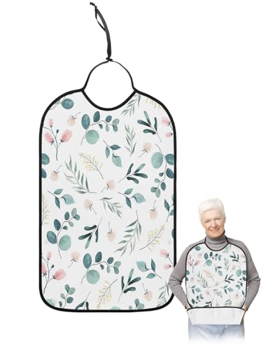 LEOKOTI Teal Pink Yellow Botanical Adult Bibs for Eating, Waterproof Bibs with Food Catcher & Adjustable Snap Closure, Spring Floral Summer Washable Clothing Protectors Adult Bibs for Elderly