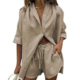 Yassiglia Damen Freizeit Basic 2 Teilig Anzug Sommer Elegant Zweiteiler Outfit Set für Frauen Y2K Streetwear Oversize Tracksuit Set Mädchen Revers Kurzarm Shirt High Waist Shorts (Medium, Khaki)