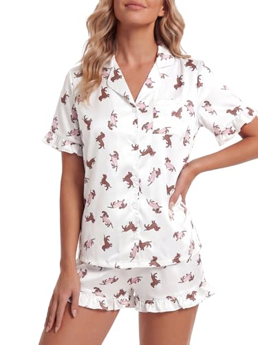 Image of Umenlele Women's 2 Piece Satin Pajama Set Cute Ruffle Short Sleeve Button Down Shirt with Shorts Summer Pjs