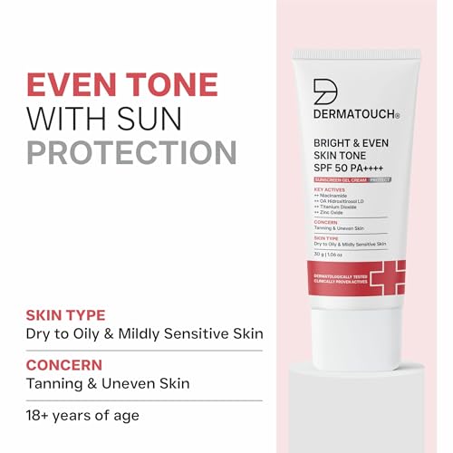 Image of DERMATOUCH Bright & Even Skin Tone SPF 50 PA++++ Sunscreen Gel Cream For Tanning, Uneven Skin Tone & Sun Protection | Suitable For Dry to Oily & Mildly Sensitive Skin | 30g