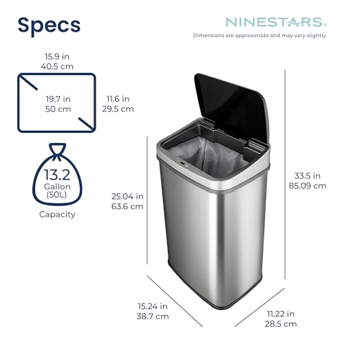 Image of Ninestars Stainless Steel Dzt-50-28Br Automatic Touchless Motion Sensor Oval Trash Can, Black Top, 13 Gal. 50 L, Brush