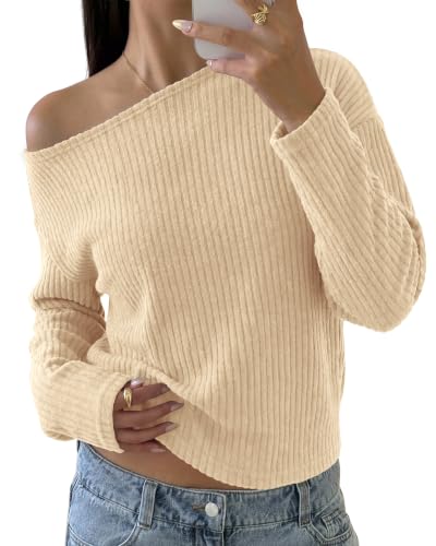 KIRUNDO Womens Off Shoulder Sweater Ribbed Long Sleeve Tops - image 1