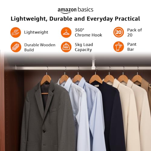 Image of Amazon Basics Wooden Hangers - Broad Shoulder, Natural Wooden Color, Glossy Finish, Pant Bar, 360 Hook, 5kg Capacity, Pack of 20 (Size: 44.5L x 23H x 5.5W cm)