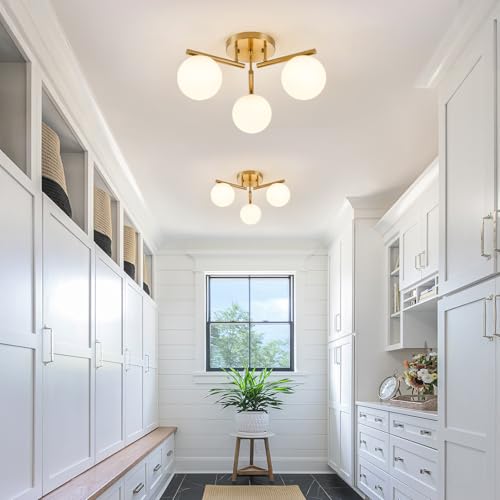 Image of 3 Light Brass Sputnik Ceiling Light Fixture, Globe Semi Flush Mount Ceiling Light, Brass Gold 21.65 '' Milky Glass Globe Mid Century Modern Light for Bedroom Hallway Living Room