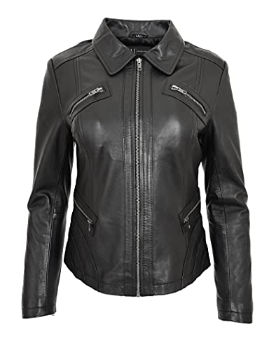 Veste en cuir véritable pour femme Aria blouson motard fermeture éclair noir 46