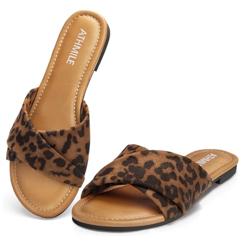 Image of ATHMILE Sandals for Women 2026 Dressy Summer Flat | Comfortable Fashion Beach Cute Ladies Slides Leather Casual Dress Women's Sandals Size 6-11