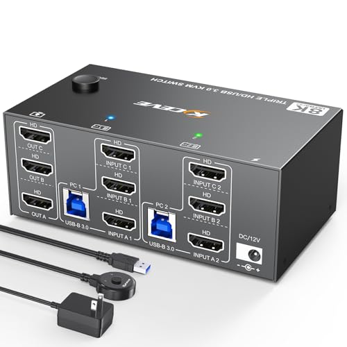 Image of KCEVE KVM Switch 3 Monitors 2 Computers HDMI 8K@60Hz 4K@144Hz, USB 3.0 KVM Switch Triple Monitor for 2 Computer Share 4 USB 3.0 Devices Mouse Keyboard, Wired Remote(8K HDMI 2 in 3 Out KVM)