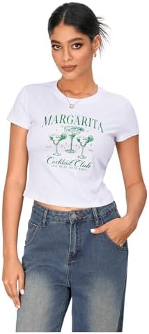 WDIRARA Women's Graphic Print Round Neck Short Sleeve Crop Tops Summer Casual Tee Shirts White Small