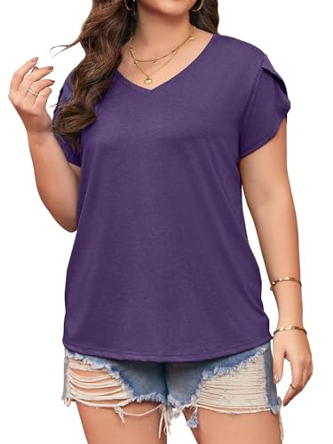 Womens Plus Size Tops V Neck T Shirts Casual Loose Petal Sleeve Tee Shirts2