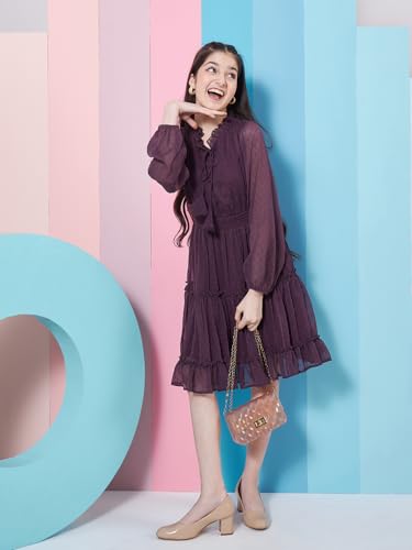 Image of Pspeaches Girl's V-Neck Long Sleeves Chiffon Fit & Flare Dress Purple Color Casual Stylish Wear