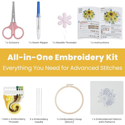 Image of HTVRONT 3D Sunflower Embroidery Kit for Beginners | Step-by-Step Video Tutorials, Simple 5 Stitches, Includes Multiple Accessories, for Adult Crafts