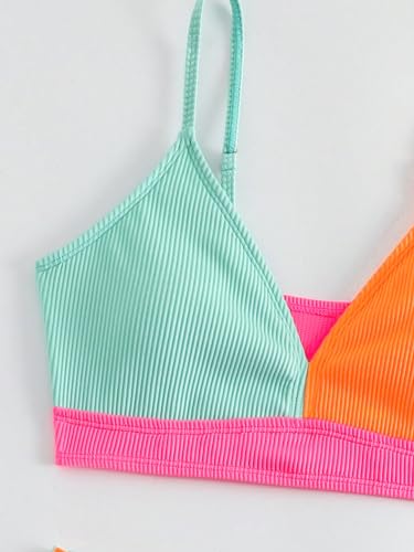 Girl's 2 Piece Swimsuit Color Block Ribbed Spaghetti Strap High Cut Cute Bikini Bathing Suit3