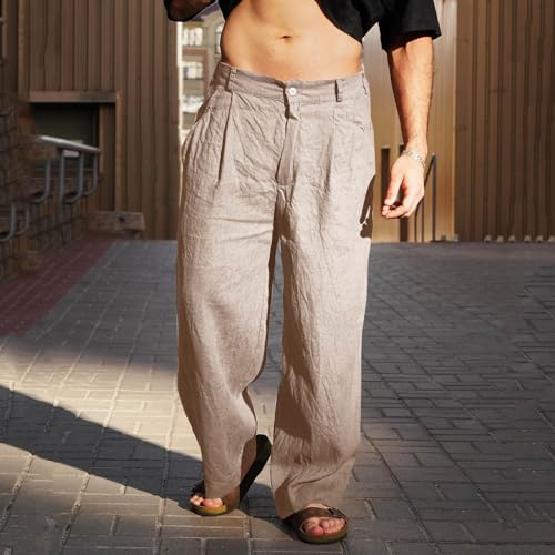 Cotton Linen Pants Mens Solid Color Button Zipper Loose Trousers Pocket Straight Baggy Trousers Comfy Pant for Men2