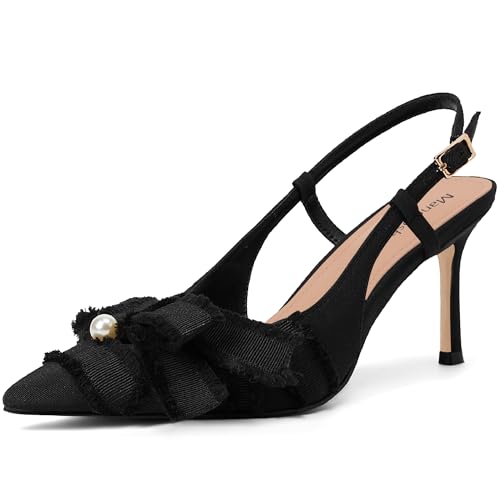 Image of Women's Slingback Heels with Bow Pointed Toe Pumps with Elasticated Strap 3.3 inch High Heels for Evening Dress Shoes