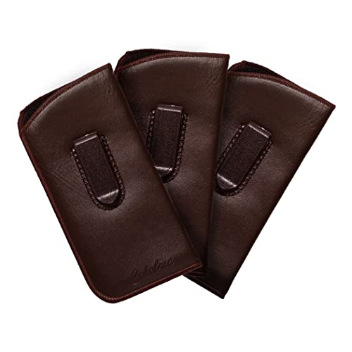 Image of Calabria Slim Faux Leather Eyeglass Case Soft Slip-In Design [Brown - 3 Pack] | Compact Protective Pouch | Soft Case for Glasses | Lightweight Sunglass Storage