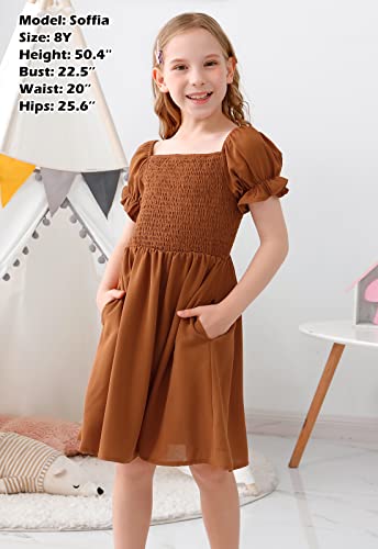 Gorlya Girls Puff Sleeve Square Neck Boho Frilly Smocked Shirred Flared Midi Dress 4-14T (Gor1114,12Y,Brown) #TOP3