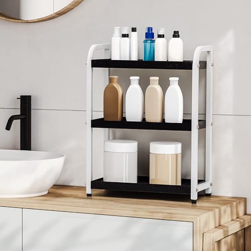 Image of Livzing Metal 3 Tier Spice Rack for Kitchen Space Saving Countertop Storage Racks Cosmetics Organizer Kitchen Shelf Bathroom Organizer Stand Multipurpose Tiered Shelves With Plastic Hooks - White