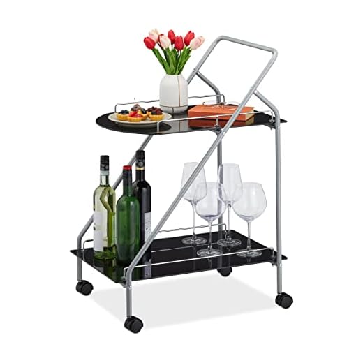 Relaxdays Carrito Cocina, Camarera 2 Baldas, Carro Ruedas Giratorias, 84x45x60 cm, Diseño Moderno, Vidrio y Metal, Negro