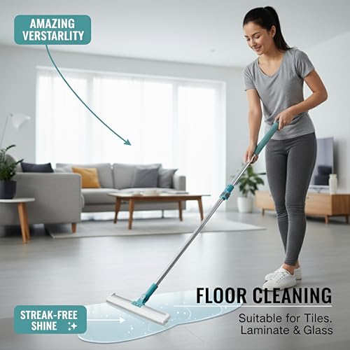 Image of Stainless Steel Floor Wiper with Long Handle for Bathroom and Balcony, 45 cm Silicone Blade Water Squeegee for Tile, Marble and Wet Floor Cleaning.