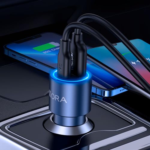 Carregador Veicular Usb 1Hora para Carro, Porta Usb A/C, 3A com Cabo Usb C Macho/Macho Azul, Design