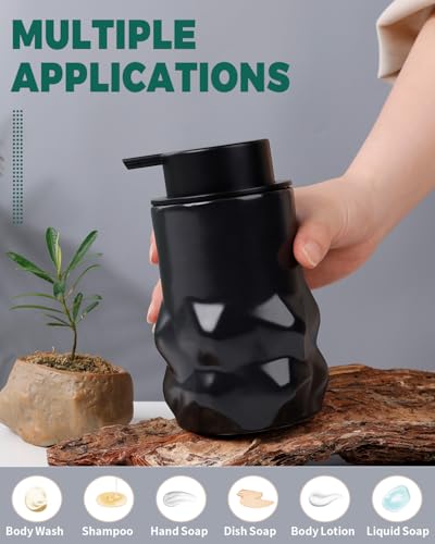 Image of BosilunLife Hand Soap Dispenser - Foam Soap Dispenser Bathroom Ceramic Dish Liquid Soap Dispenser for Kitchen, Bathroom Countertop Soap Dispensers (Black-Foam-Sculpt)