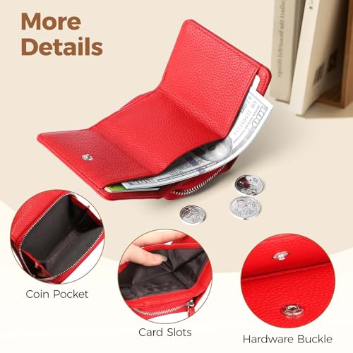 Geldbörse Damen Klein Leder Kleines Portemonnaie Damen Mini Geldbeutel mit Zipper Münzfach Kartenfächer, Rot – Bild 5