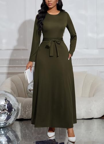 Image of BubFee Long Dress for Women Casual Long Sleeve Dresses Maxi Dress Empire Waist Loose with Belt