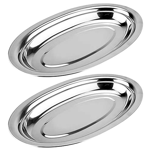 MALUGOGO 2 platos ovalados gruesos de acero inoxidable para cocinar al vapor, bandeja de almacenamiento de postres para filetes occidentales, bandeja de almacenamiento para restaurante, aperitivos