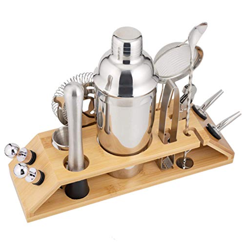 KIT COQUETELEIRA EM AÇO INOX E SUPORTE DE BAMBU 13 PEÇAS