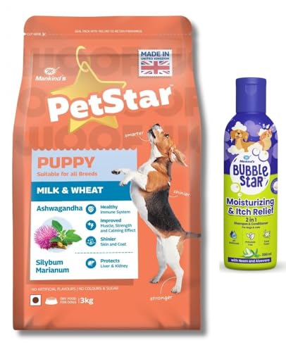 Image of PetStar Puppy Dry Dog Food (High Protein) Milk & Wheat Flavor, 3kg and Mankind BubbleStar Neem & Aloe Vera 2-in-1 Shampoo & Conditioner for Dogs & Cats,200 ml