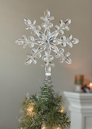 Crystal-Look Snowflake Christmas Tree Topper, 13 Inch, Clear and Silver, Jeweled Center