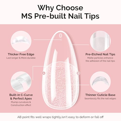 Image of MelodySusie Medium Almond Gel Nail Tips Kit-300PcsPre-Building Apex Fake Nail Tips 20g Solid Nail Glue Gel,Half Matte Full Cover Clear Acrylic Nail,15Sizes Thick Strong Long Lasting for Home DIY&Salon