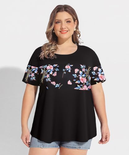 Image of CARCOS Plus Size Tops for Women Short Sleeve Summer Pullover Color Block Crewneck /V Neck Tee Tunic Loose Fit Tshirts XL-5XL