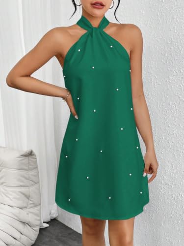 Image of Floerns Women's Pearl Beaded Halter Twist Sleeveless Tie Back Dress A Line Dress