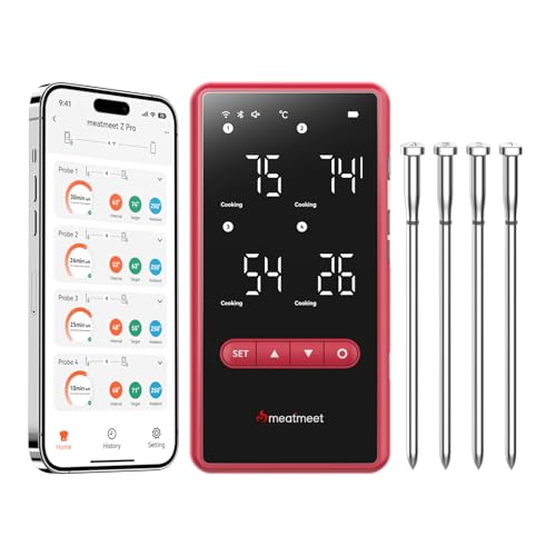 Meatmeet Z Pro Thermomètre à viande avec Wi‑Fi et Bluetooth, 4 sondes, 6 capteurs, étanche IP69, résistant jusqu’à 595 °C, idéal pour le BBQ, le...