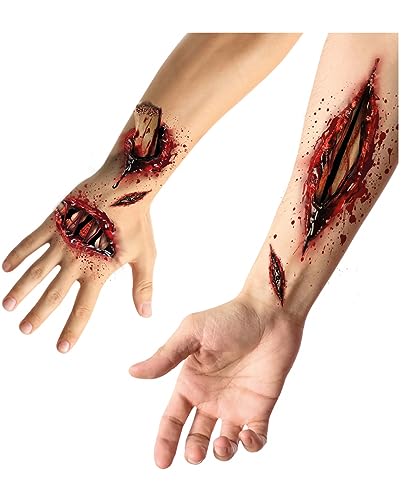 Horror-Shop Knochenbruch & Fleischwunden SFX Aufklebe-Tattoo für Halloween - Jugendliche - Rot, Beige, Schwarz - Wasserfest - Klassisch, Böhmisch - Halloween Kostümzubehör