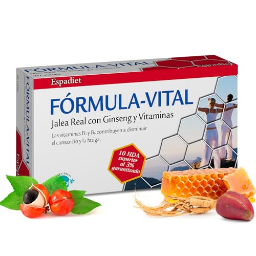 Espadiet Jalea Formula Vital – Con Jalea Real, Extracto de Ginseng, Guaraná, Nuez de Cola y Vitaminas B1, B2, B3, B5 y B6– Ayuda al Sistema Nervioso e Inmune – Favorece al Estado Anímico – 20 viales