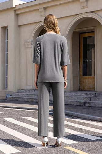 Image of difficort 2 Piece Lounge Sets for Women Summer Outfits Vacation Loungewear | Knit Raglan Short Sleeve Wide Leg pant with Pockets