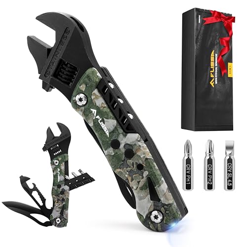 FLISSA 13-in-1 Multi Tool Wrench, Gift for Men Dad, Stainless Steel Camo Multitool Adjustable Wrench with LED Light, EDC Pocket Knife with Sheath, Multipurpose Multi Use Tool