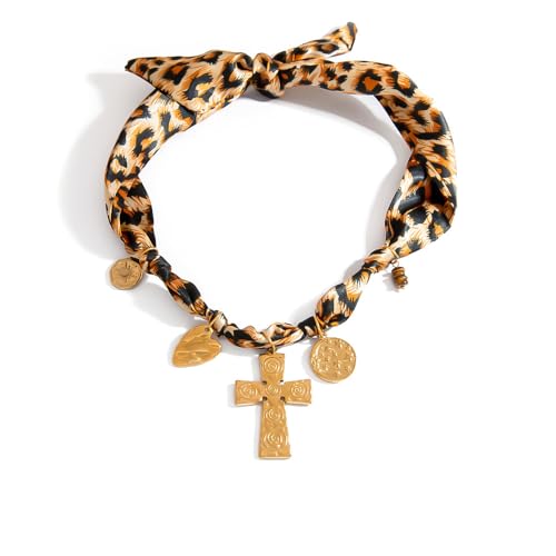 Scarf Necklace with Charm, Bandana Necklace with Gold Dainty Pendants - Chunky Cross, Heart, Flower, Conch, Boot, Cowboy Hat, Boho Beach Vintage Scarf Necklaces, Stylish Jewelry Gift