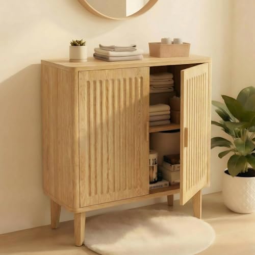 Cuzobro 30" Mid Century Modern Fluted Storage Cabinet, 12" Depth Sideboard with Adjustable Shelves, Accent Cabinet with 2 Doors for Dining Room, Entryway, Living Room, Oak