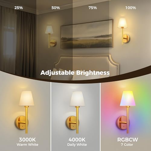 Image of L LOHAS LED Battery Operated Wall Sconce & Table Lamp Set of 2, 10000mAh Battery Powered Dimmable Wall Lamp with App, 15 DIY Color, Wireless Sconces Wall Decor for Living Room, Bedroom, Gold